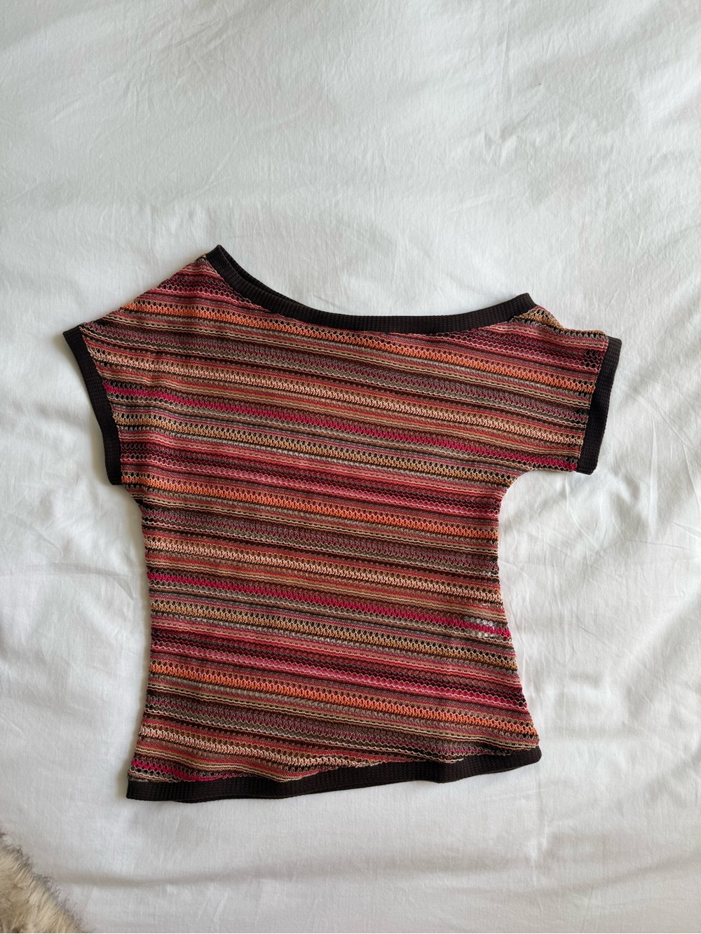 Crochet Striped Knit Short Sleeve Top in Multi-Red